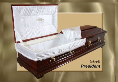 President koporsó, elegáns, sötét fa, fehér béléssel.