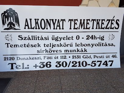 Alkonyat Temetkezés tábla: Dunakeszi és Göd telefonszámmal.