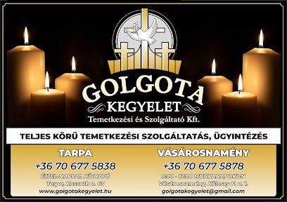 Golgota Kegyelet temetkezési szolgáltató hirdetés gyertyákkal és elérhetőségekkel.