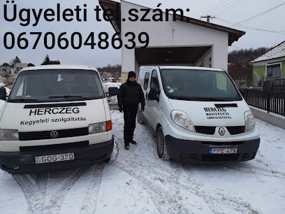 Két temetkezési szolgáltató autó hóban, Herczeg Kegyeleti Szolgáltatás felirattal.