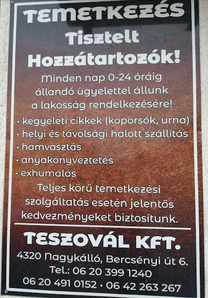 Teszovál Kft. temetkezési szolgáltató táblája Nagykállón.