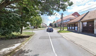Csendes utca, fákkal szegélyezett út, temető közelében.
