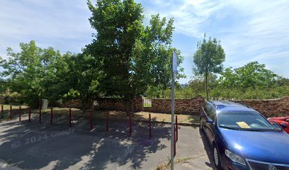 Temető parkoló, fák és kőfal