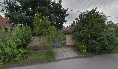 Temetkezési szolgáltató iroda bejárata, zöld növényzettel körülvéve.