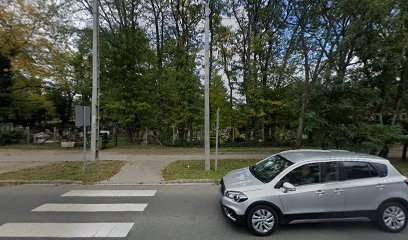Temető bejárata, fákkal körülvéve, autóval a közelben.