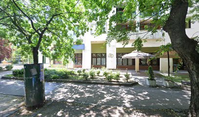 Temetkezési szolgáltató iroda épülete, fákkal körülvéve.